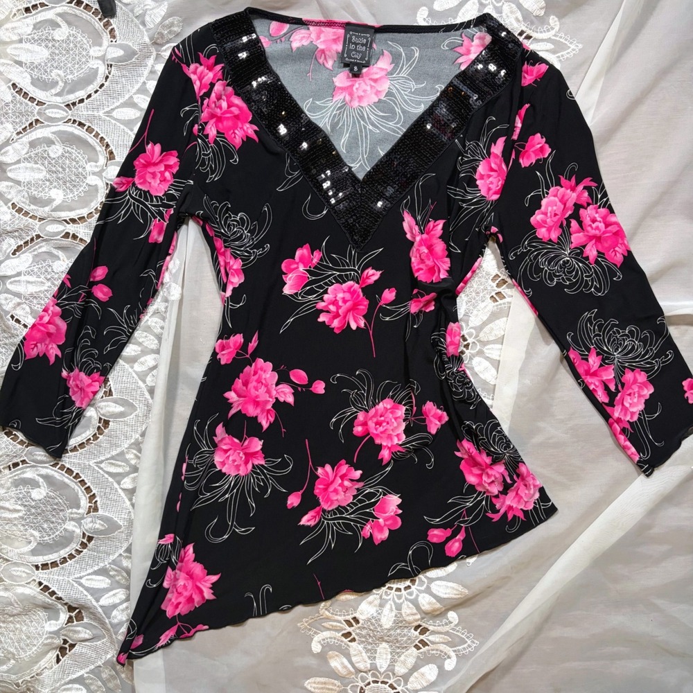 Y2K Fairy Rare Black Pink Floral Sequin V-Neck Asymmetric Tunic Top S
